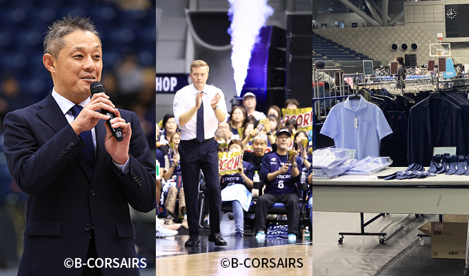 冠試合「AOKI SPECIAL GAME DAY」で挨拶する諏訪さん（写真左）。白熱する試合展開に沸く会場（写真中央）。出展ブースでは、ファンは“推し”の選手と同じスーツやネクタイを購入できる（写真右）